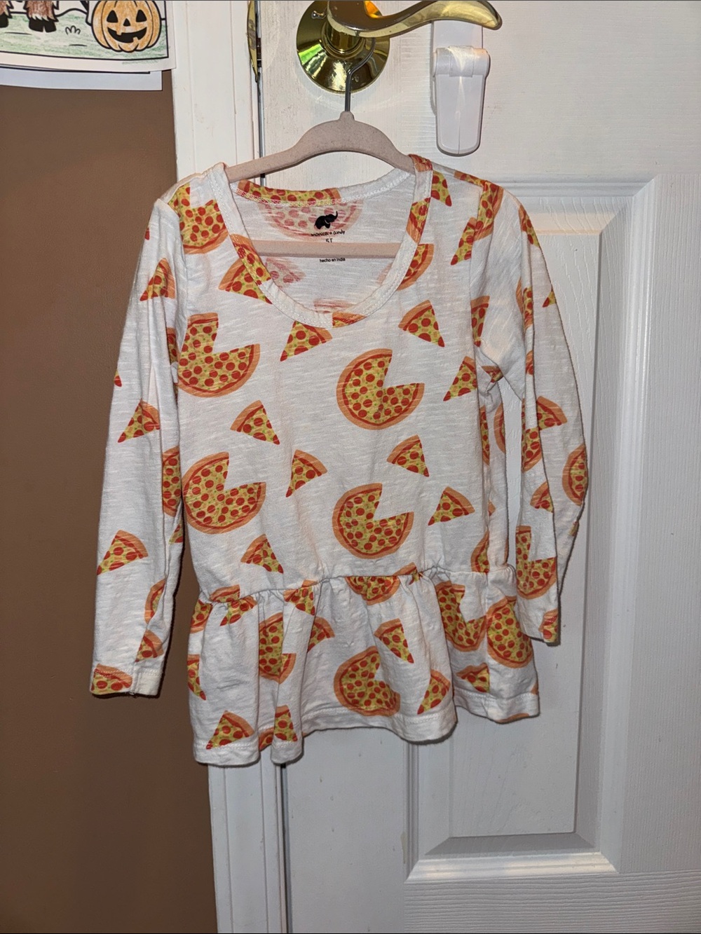 Girls' Pizza-Print Peplum Long-Sleeve Top - White/Orange